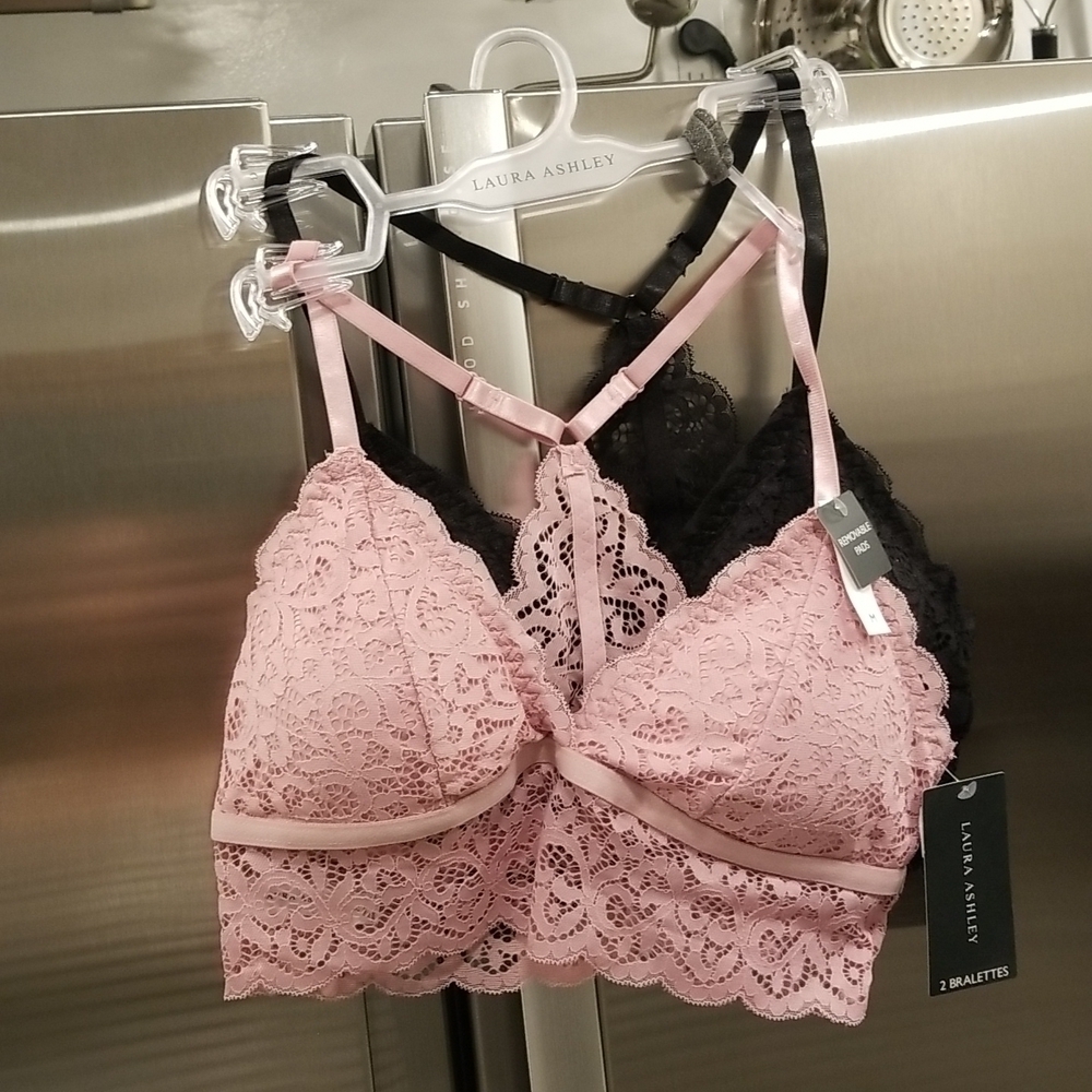 💕LAURA ASHLEY💕 Lace Padded Bralettes 2PK Pink & Black Medium M NWT